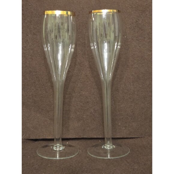 Hollow Stem Tall Champagne Flutes Glasses Gold Trim‎ 9.75" - Picture 6 of 11